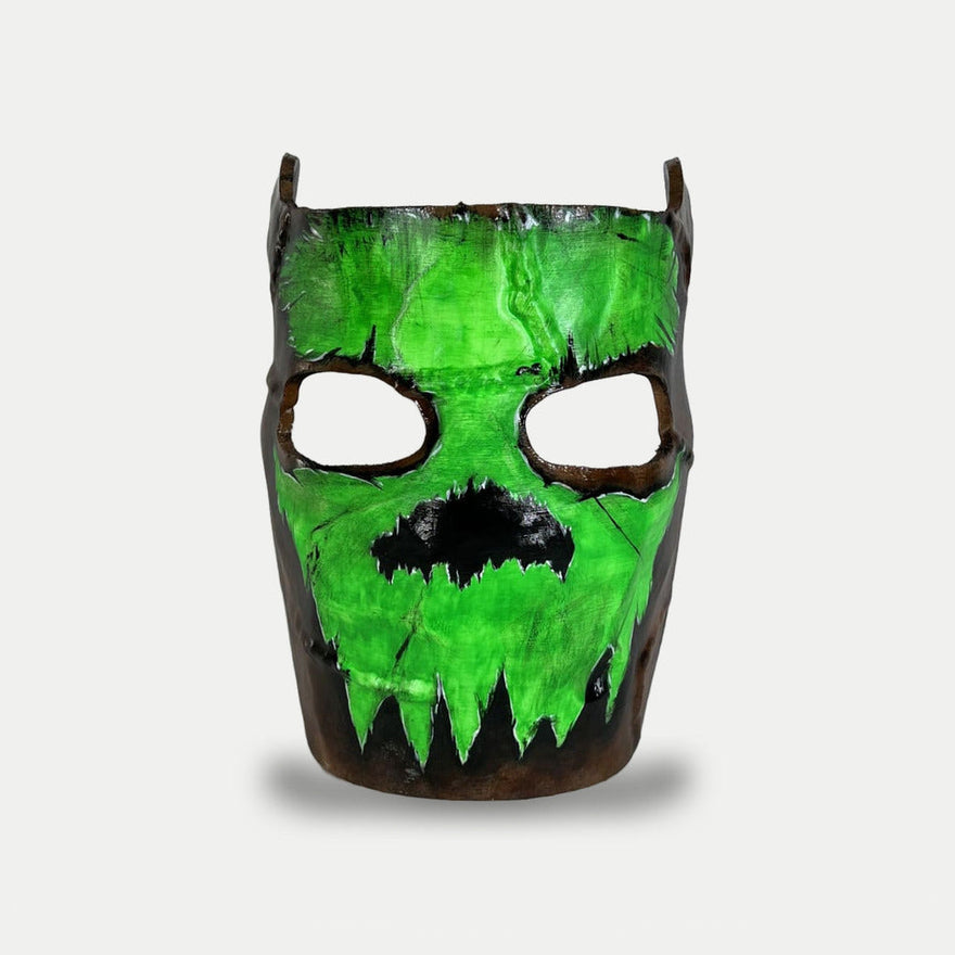 Rust Glowing Skull Facemask, hand-painted wearable 1:1 prop with an acid-green skull