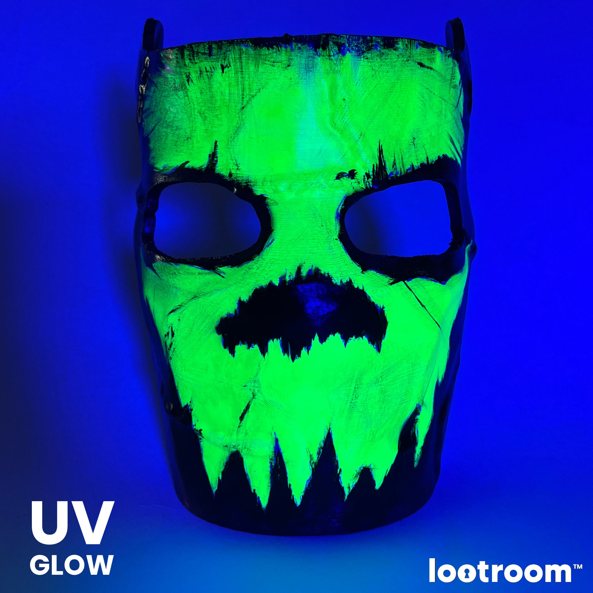 rust lifesize metal facemask glowing skull skin prop cosplay glows with uv light