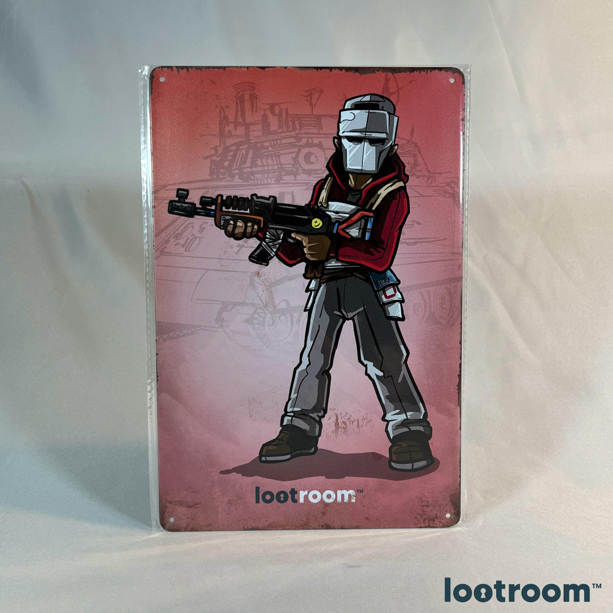 Rust Fullgear metal sign, the player in a metal facemask and red hoodie on dusty pink
