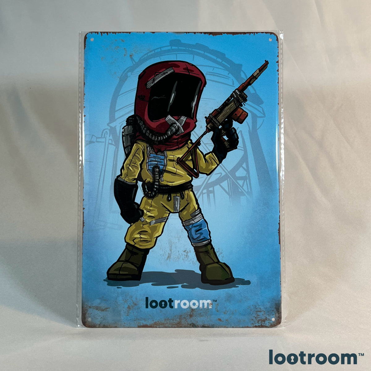 Rust Hazzy metal sign, the player in a yellow hazmat suit and red helmet on sky blue