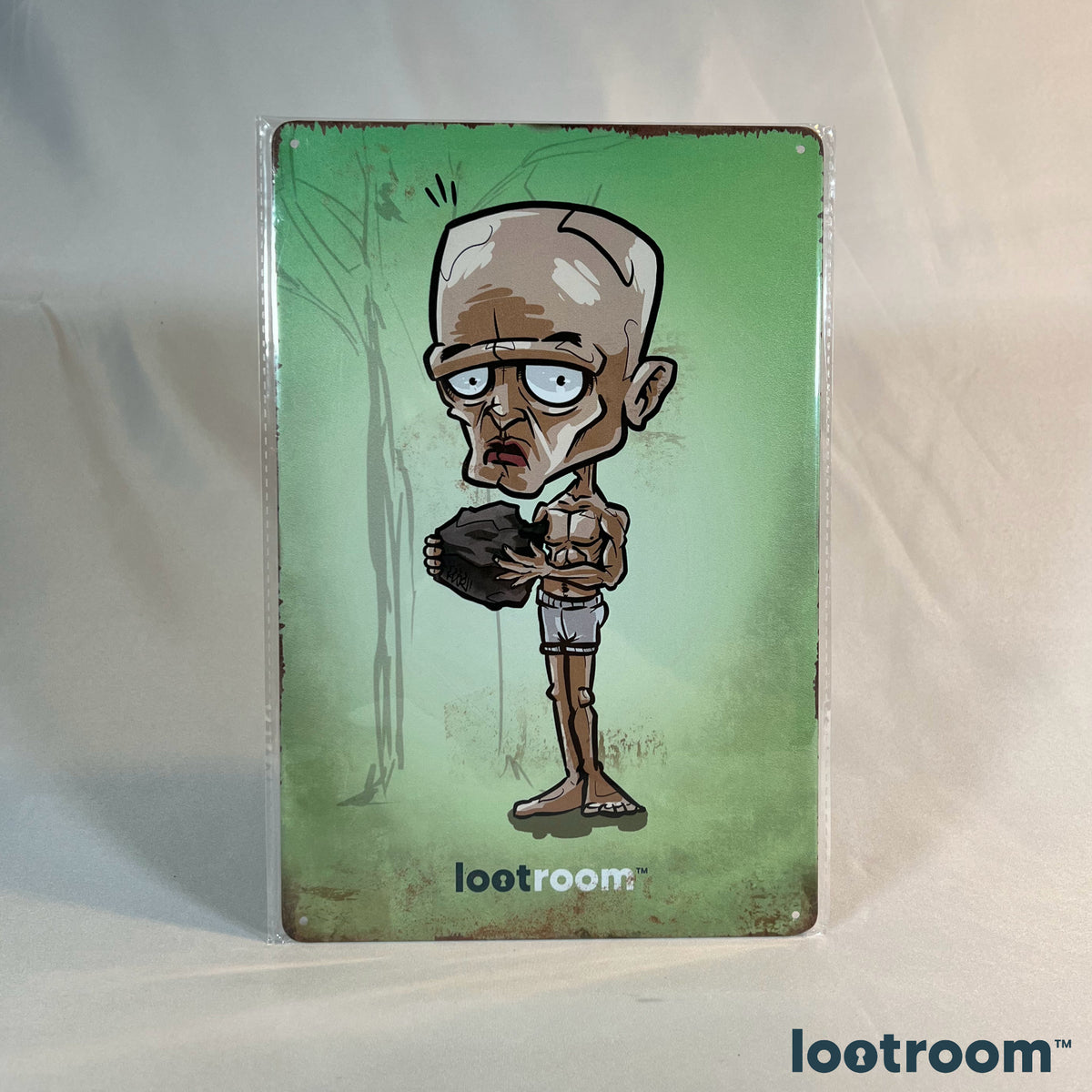 Rust New Player metal sign, the fresh spawn in grey boxers holding a rock on pale green