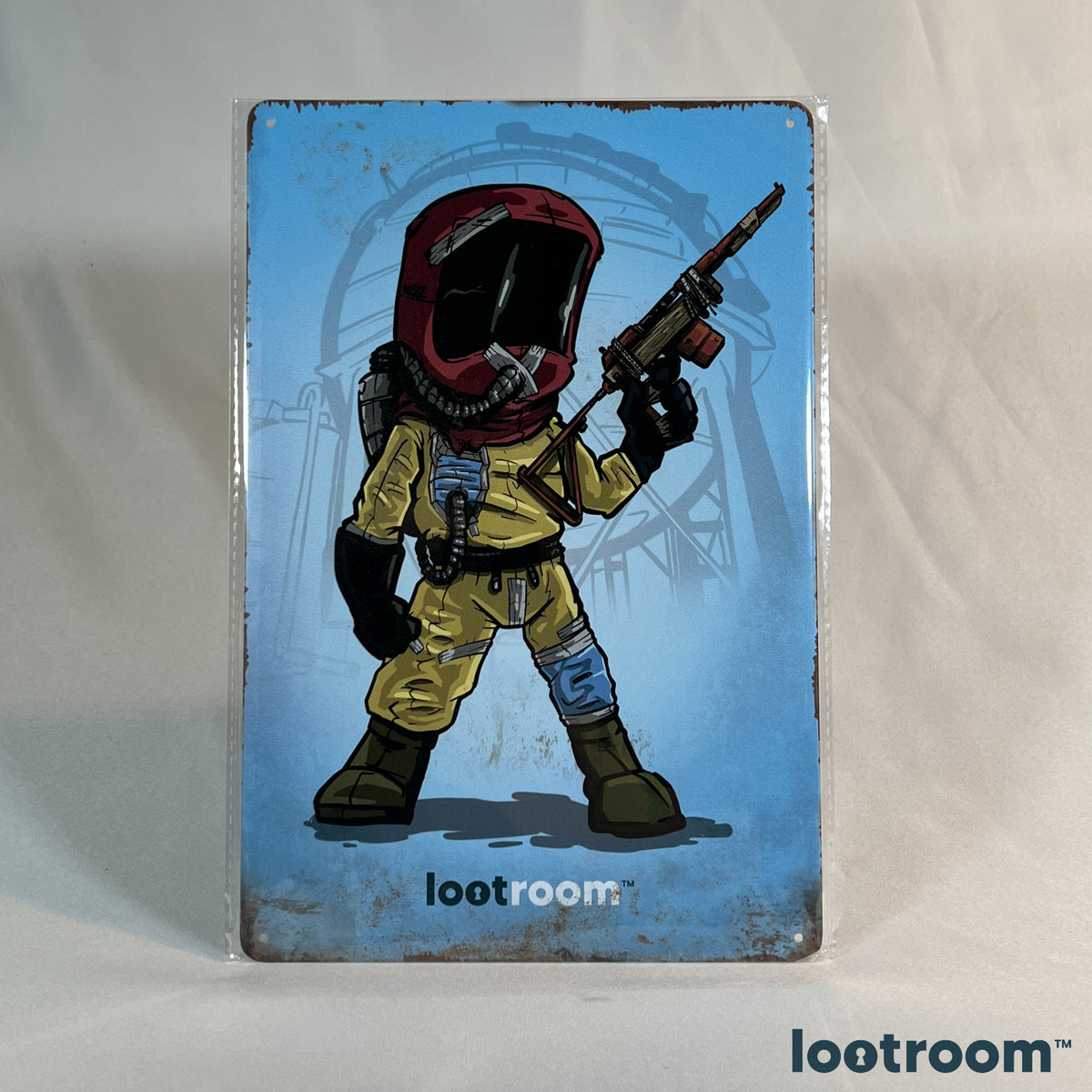Rust Hazzy metal sign, the hazmat suit character in yellow with a red helmet on a sky-blue background