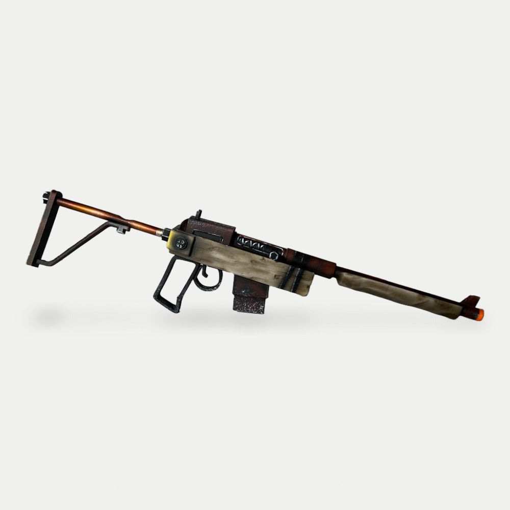 The Mini SAR from the kit, 37cm miniature with pale wood-look body and rust-brown receiver
