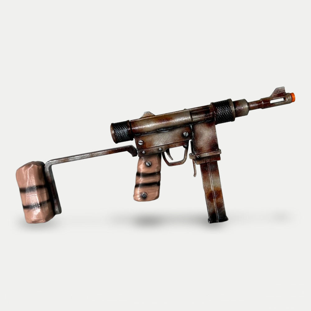 The Mini SMG from the kit, 30cm miniature with a rusted-metal look and wood-look grip