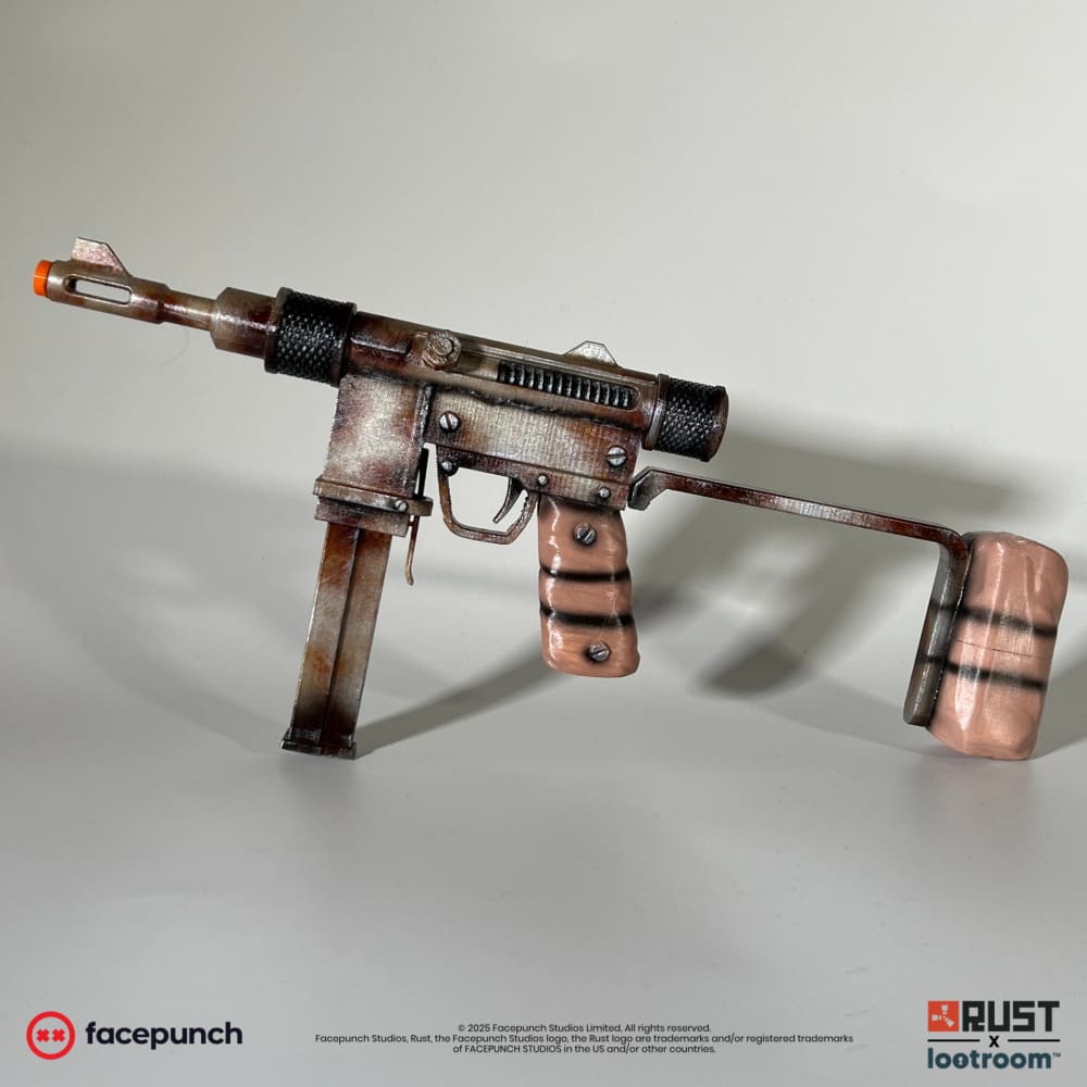 Rust Mini SMG prop from the left, rusted receiver, straight magazine and the rod-look stock along the side