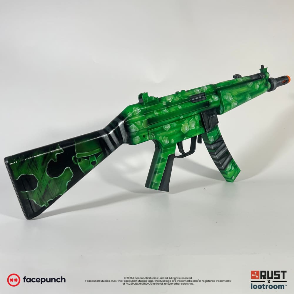 Rust Oilrats MP5 replica from the right, crystal pattern running across the receiver and the angled magazine