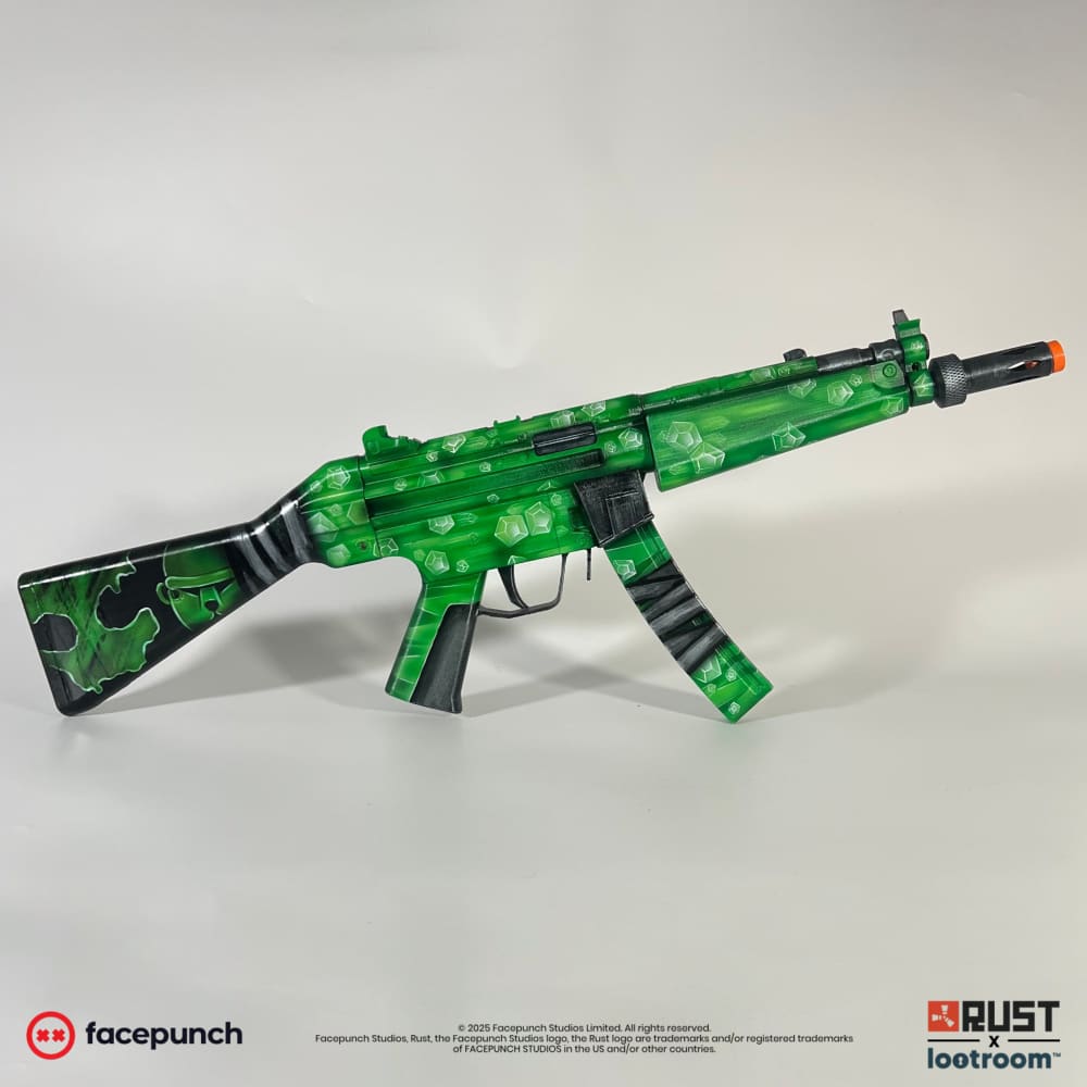 Rust Oilrats MP5 prop from the right, full length with the black smoke and skull fading into the buttstock