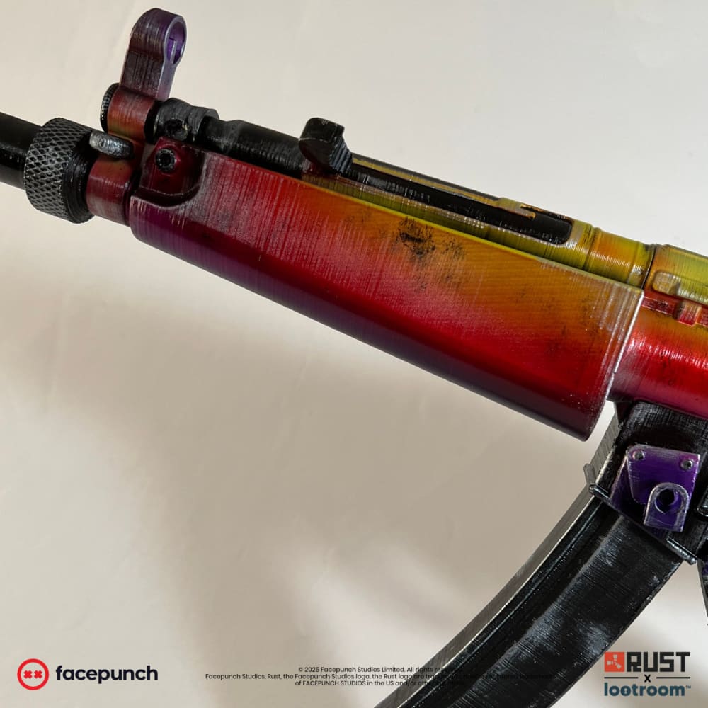 The barrel of the Rust Tempered MP5 prop, red and orange heat colours with violet on the small parts.