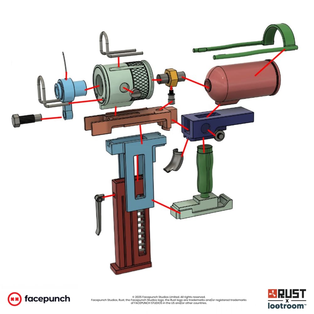Exploded diagram of the Rust Nailgun STL files, showing how the printed parts fit together.
