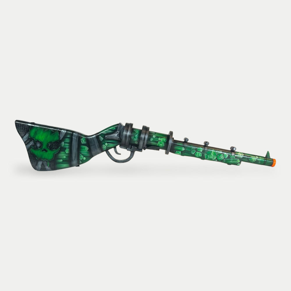 The Oilrats Waterpipe Shotgun from the kit, full side profile in toxic green over black with the green skull on the stock