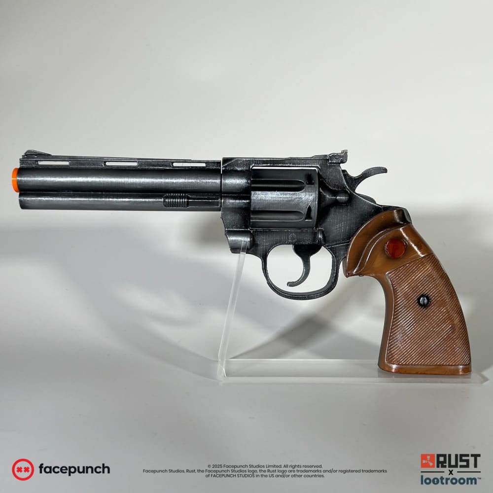 Rust Python revolver prop from the other side, showing the vented rib along the barrel