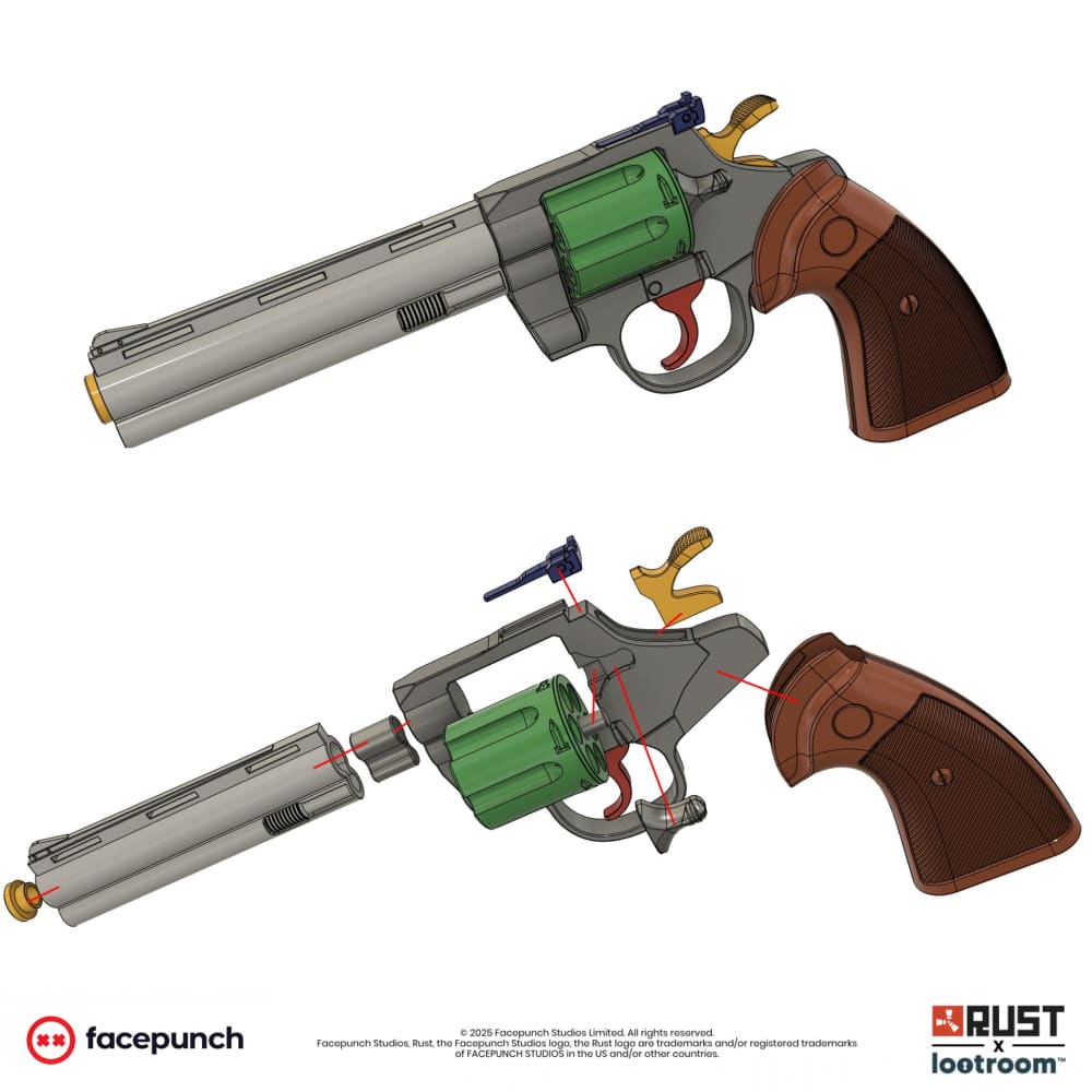 Exploded diagram of the Rust Python Revolver STL files, showing how the printed parts fit together.