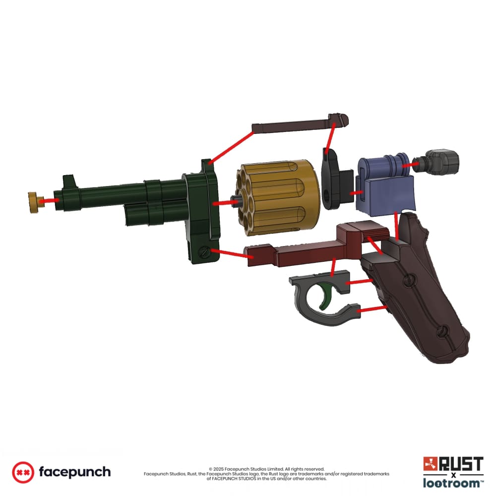 Exploded diagram of the Rust Revolver STL files, showing how the twelve printed parts fit together.