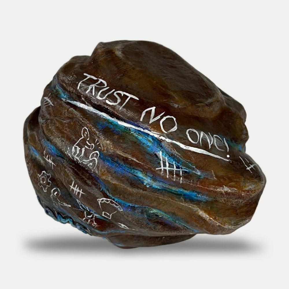 Top of the Blooprint Rock with TRUST NO ONE! painted in white