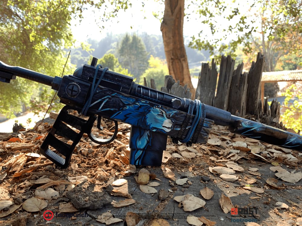 The Rust Blooprint SAR prop outdoors on the forest floor, the wolf motif catching the daylight.