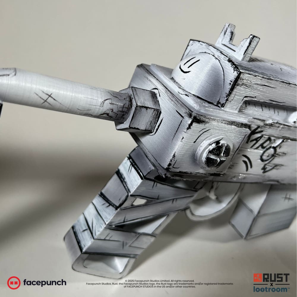 Close-up of the front of the Rust Comics SAR prop, barrel and receiver drawn over in black ink.
