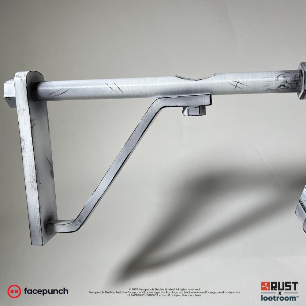 The skeleton stock of the Rust Comics SAR prop, white with black hatching along the rods.