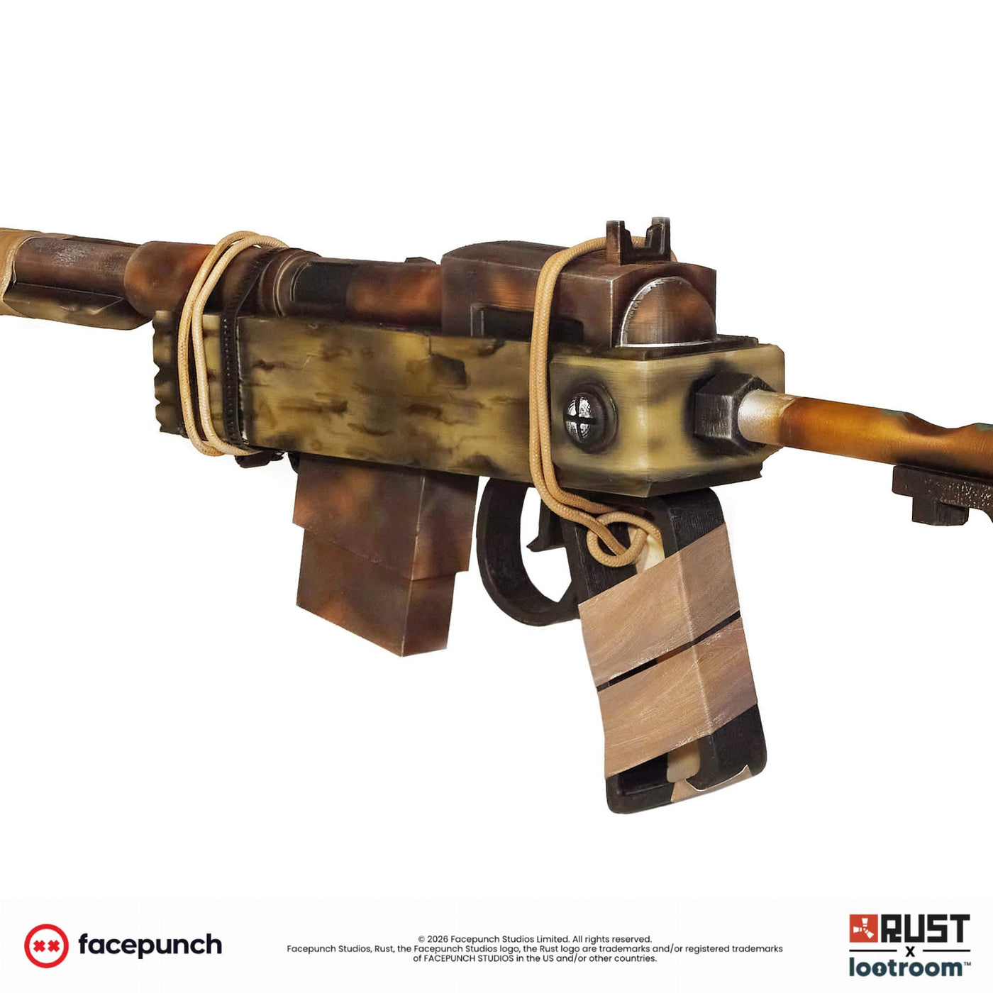 Detail of the Rust SAR prop with blue tape wrapped around the rusted barrel