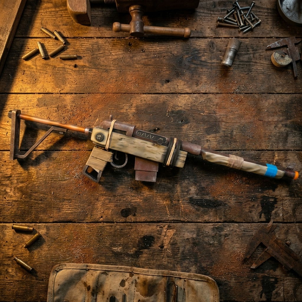 Rust SAR prop replica in full side view, rusted-metal look with painted wood-look receiver and open rod-look stock, on a workbench