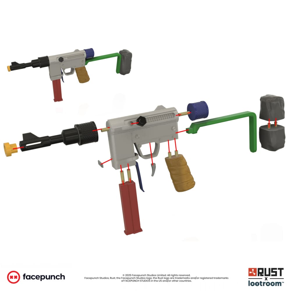 Exploded diagram of the Rust Custom SMG STL files, showing how the printed parts fit together.