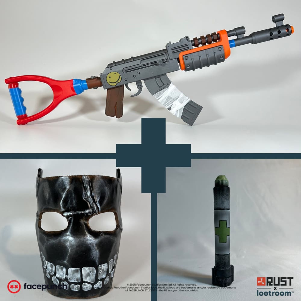 Rust Solo Kit: lifesize AK prop, black Big Grin facemask with painted white teeth, and the green Medpen syringe