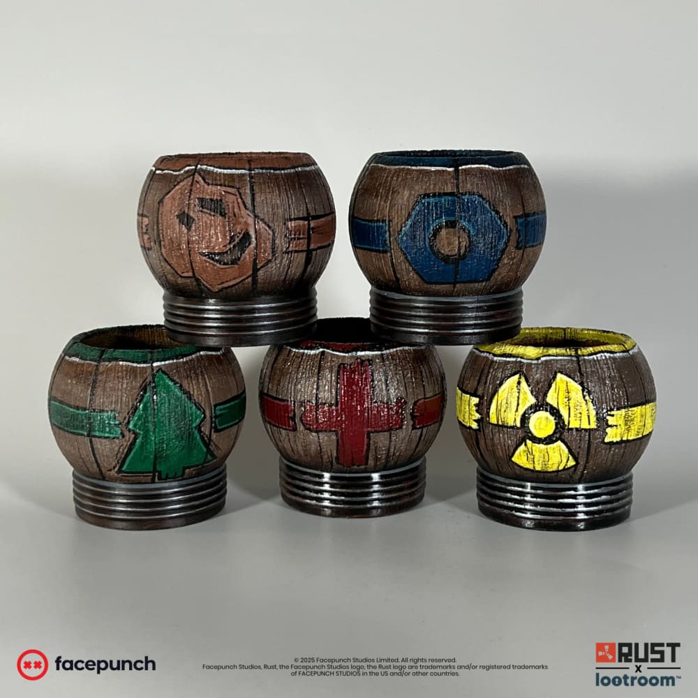 All five Rust Pure Tea props together, each wood-look cup with its own mark