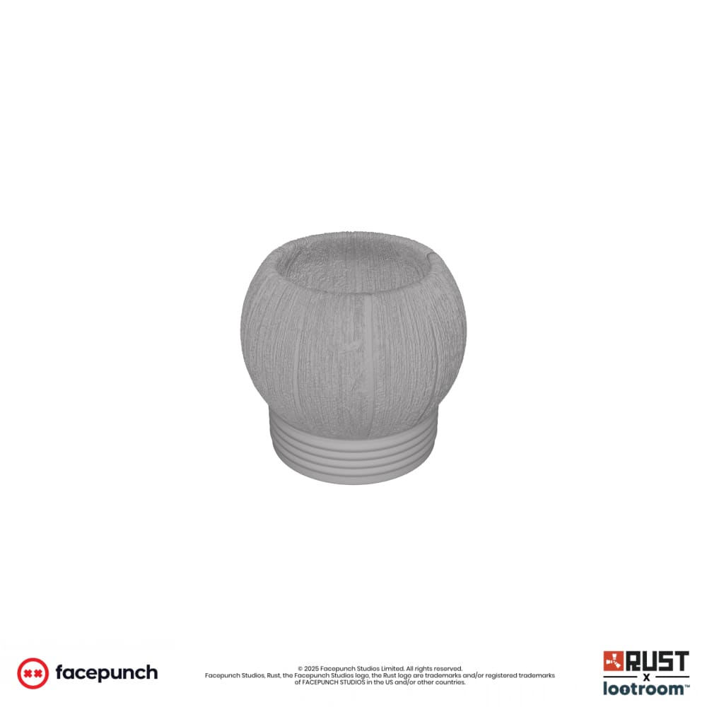 The Rust Tea Pot STL model seen from the front, a small wood-look cup open at the top.