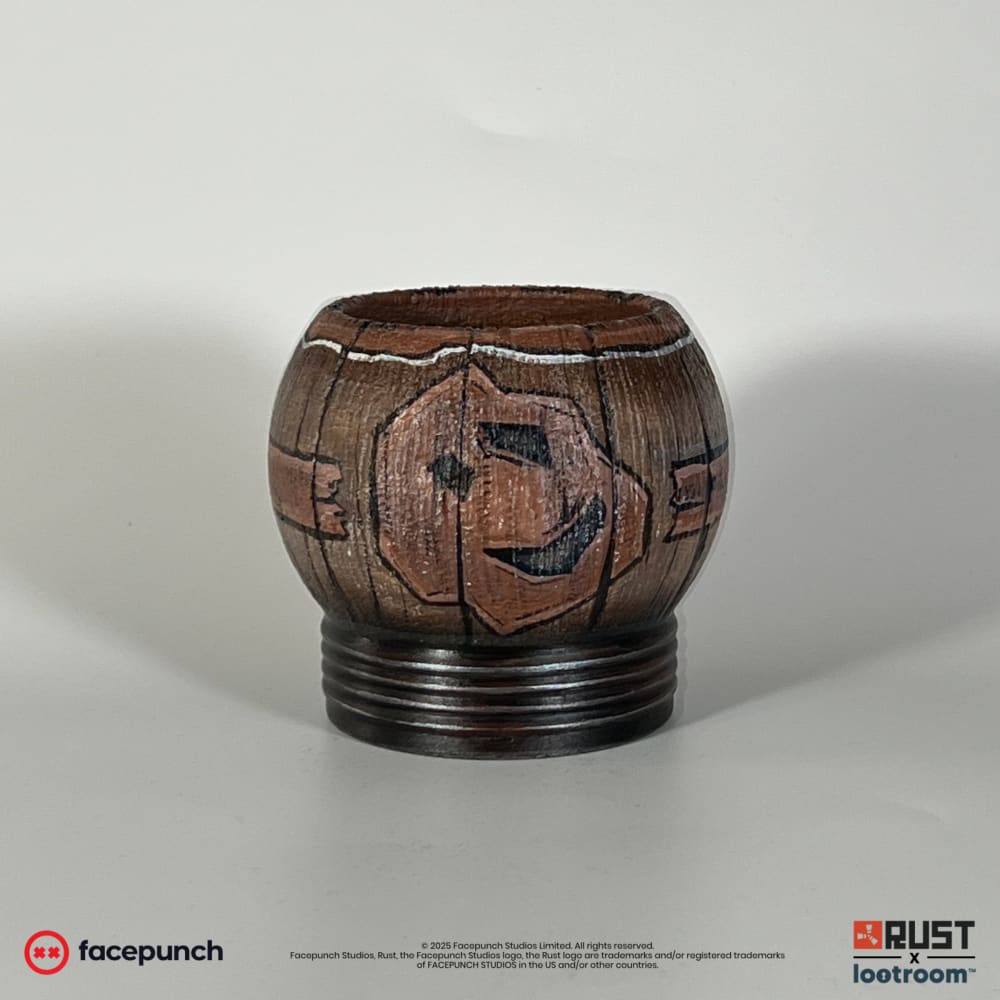 Rust Pure Ore Tea prop, a warm brown wood-look cup with the ore mark on its side