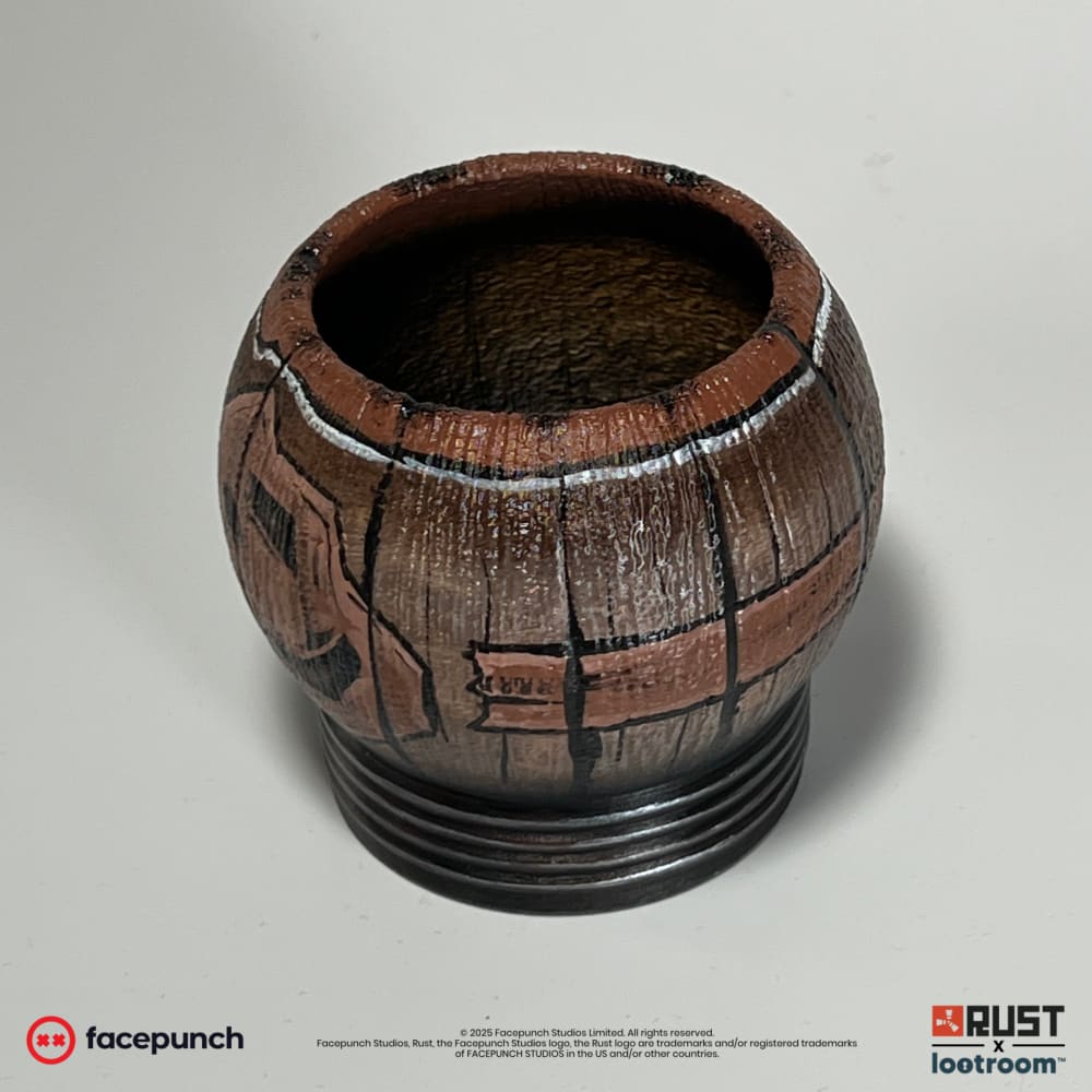 Rust Pure Ore Tea prop from above, the open cup with its dark interior and copper bands