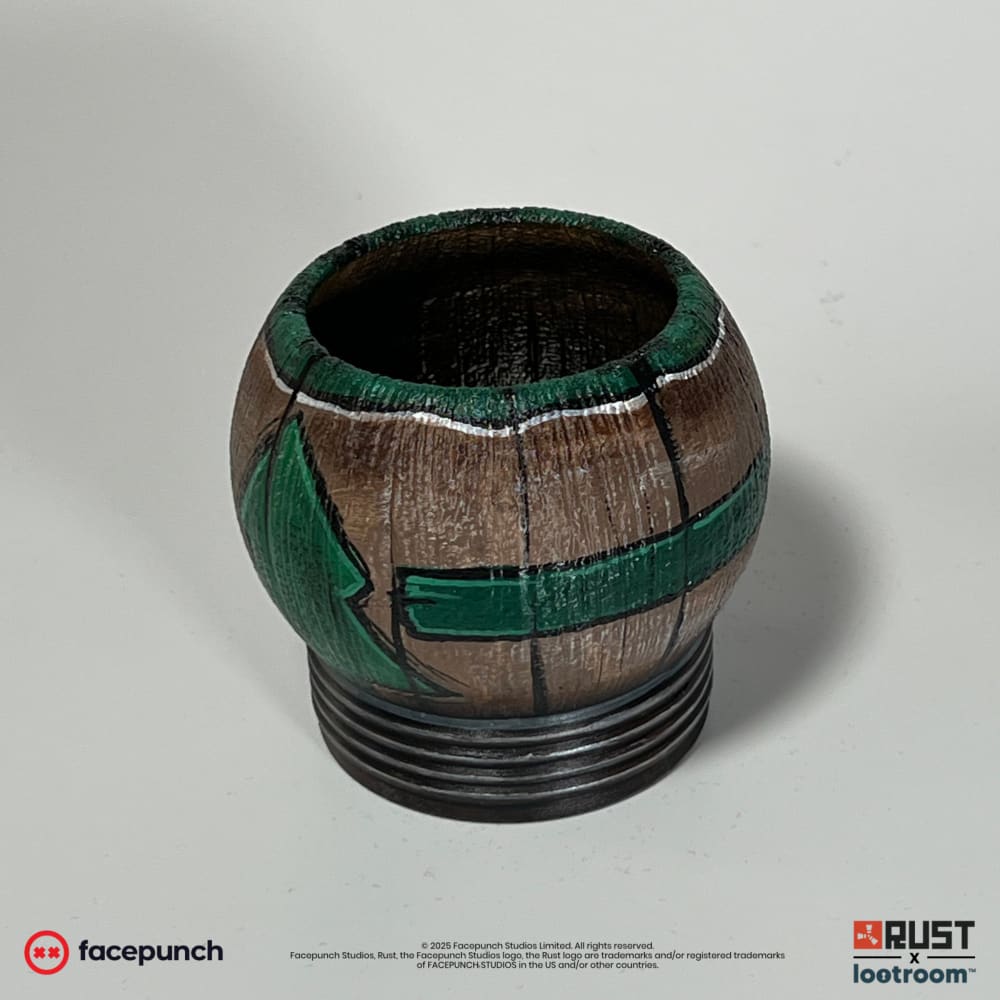 Rust Pure Wood Tea prop from above, the open cup with its green-painted rim