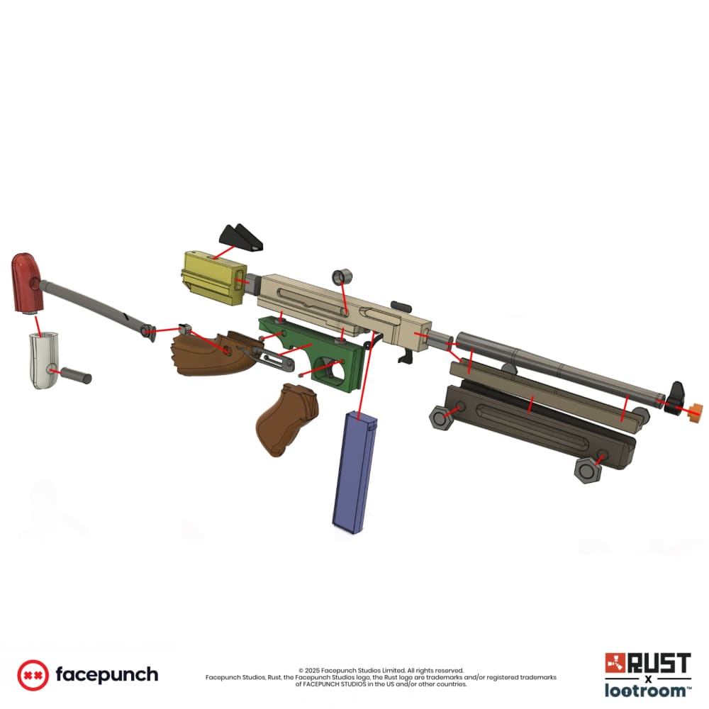 Exploded diagram of the Rust Thompson STL files, every printed part separated with assembly arrows