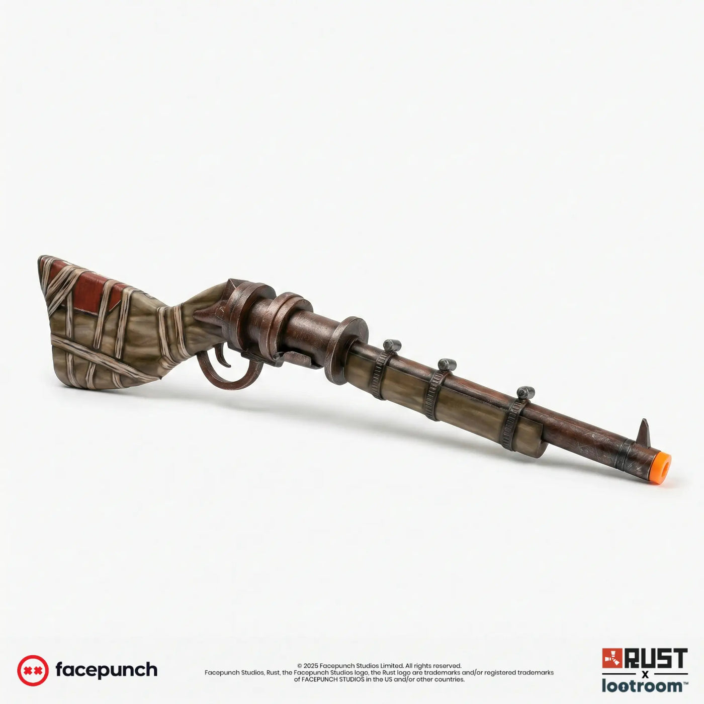 Rust Waterpipe Shotgun prop at an angle from the left, with the barrel clamps and rivet heads in view.