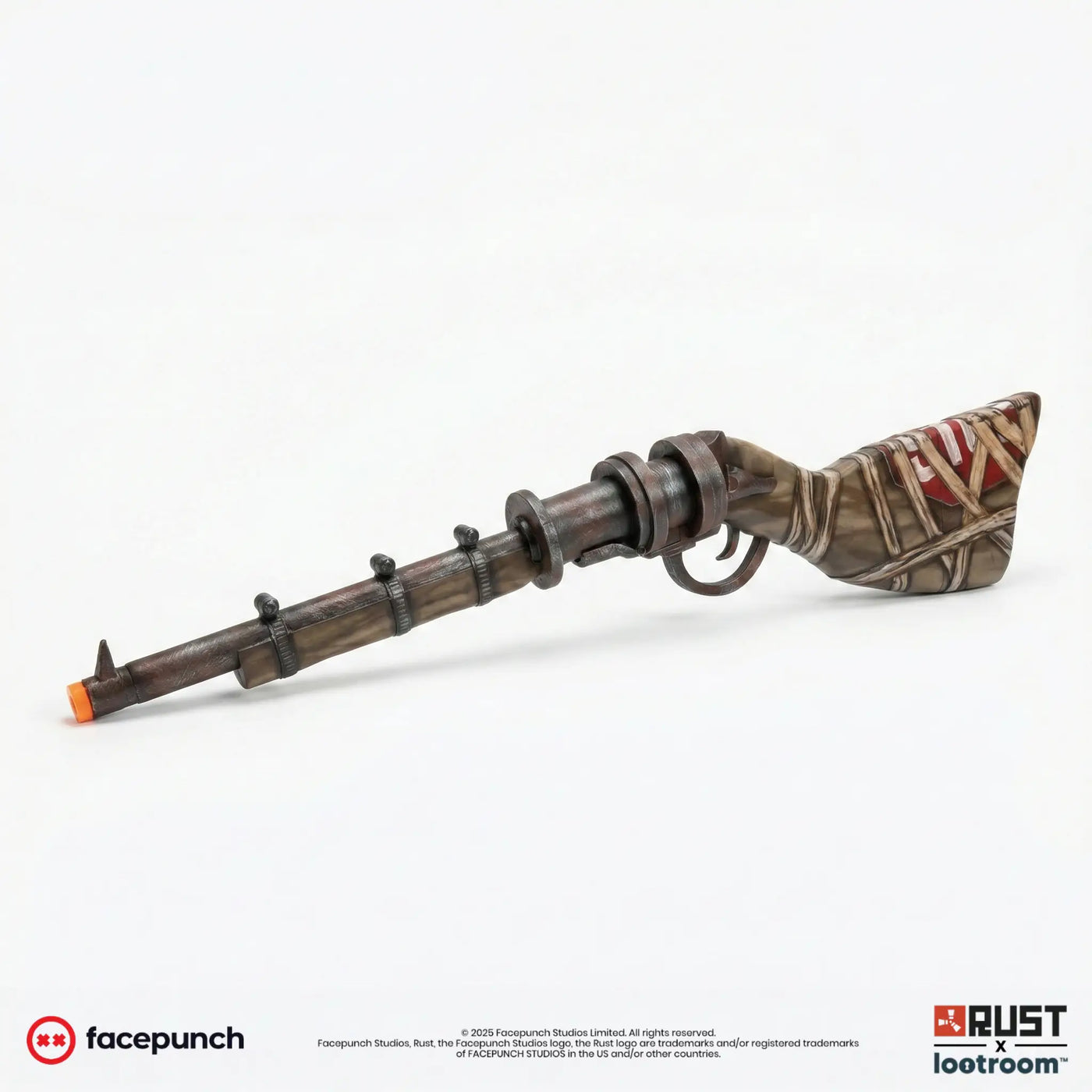Rust Waterpipe Shotgun prop angled from the reverse side, stock in the foreground.