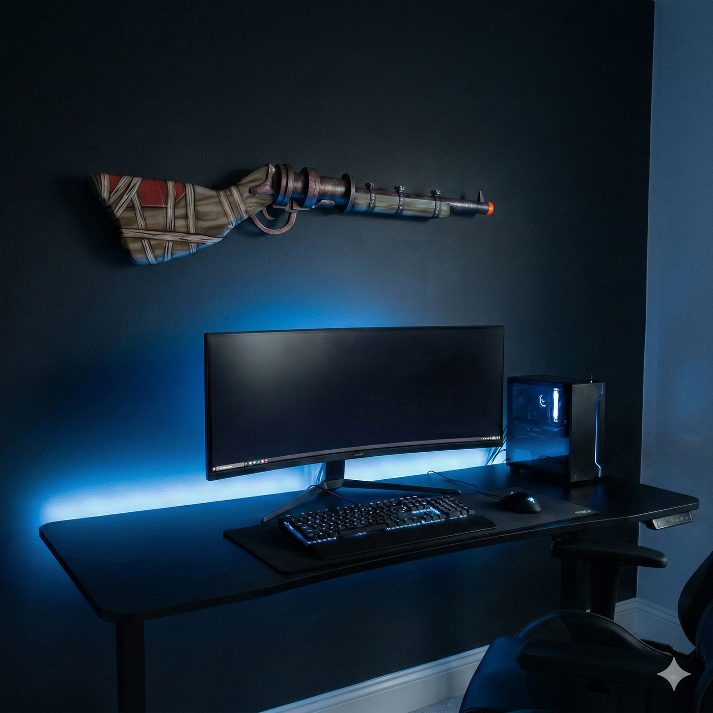 Rust Waterpipe Shotgun prop displayed above a desk in a dark gaming room with a curved monitor and blue LED lighting.