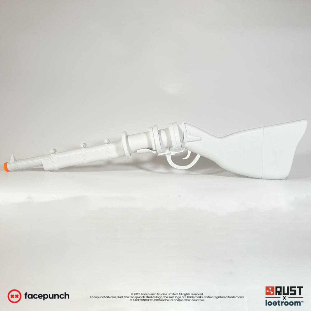 The unpainted light grey Rust Waterpipe DIY prop from the other side, showing the trigger guard and the barrel clamps.