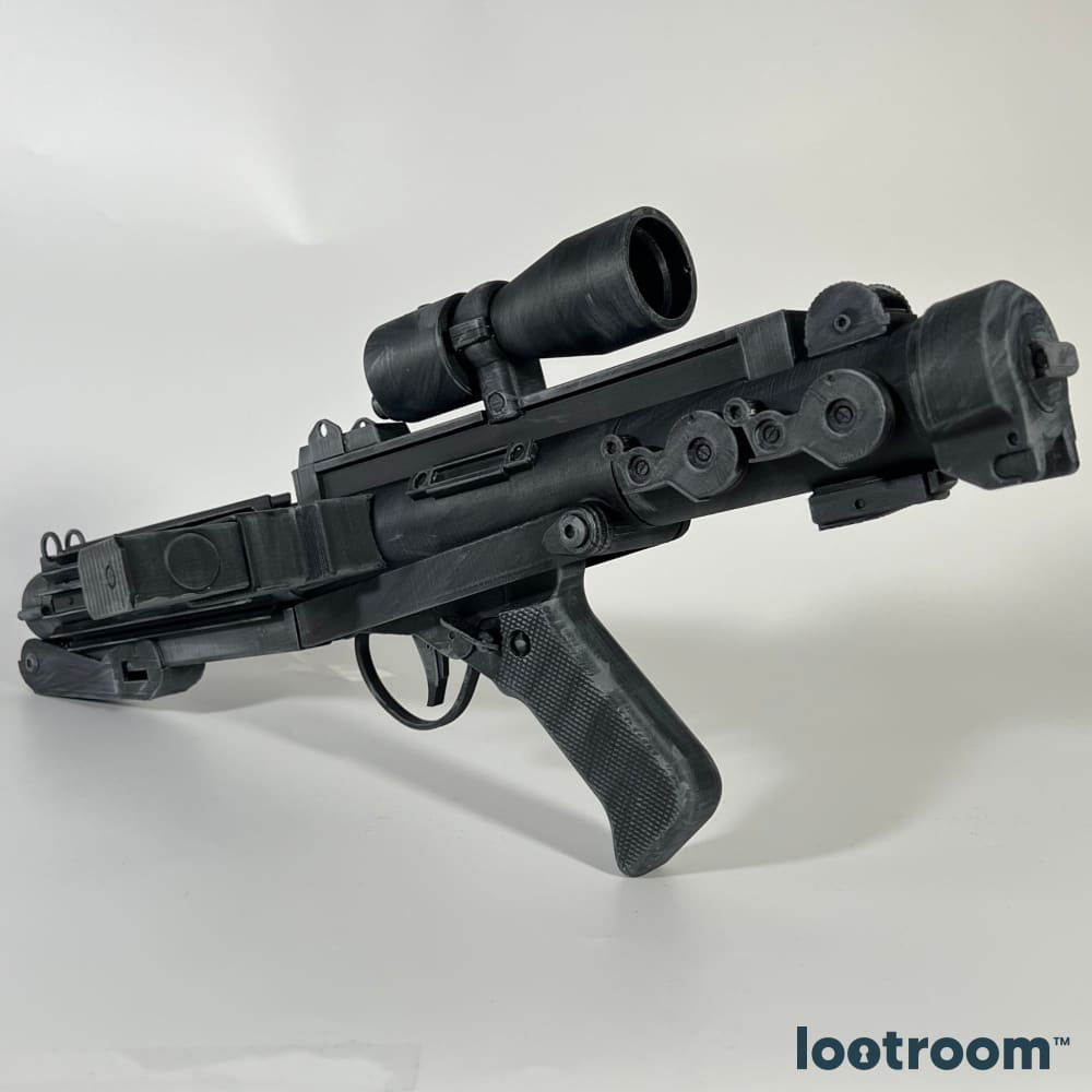 Star Wars E-11 blaster rifle prop angled from behind, looking into the scope.