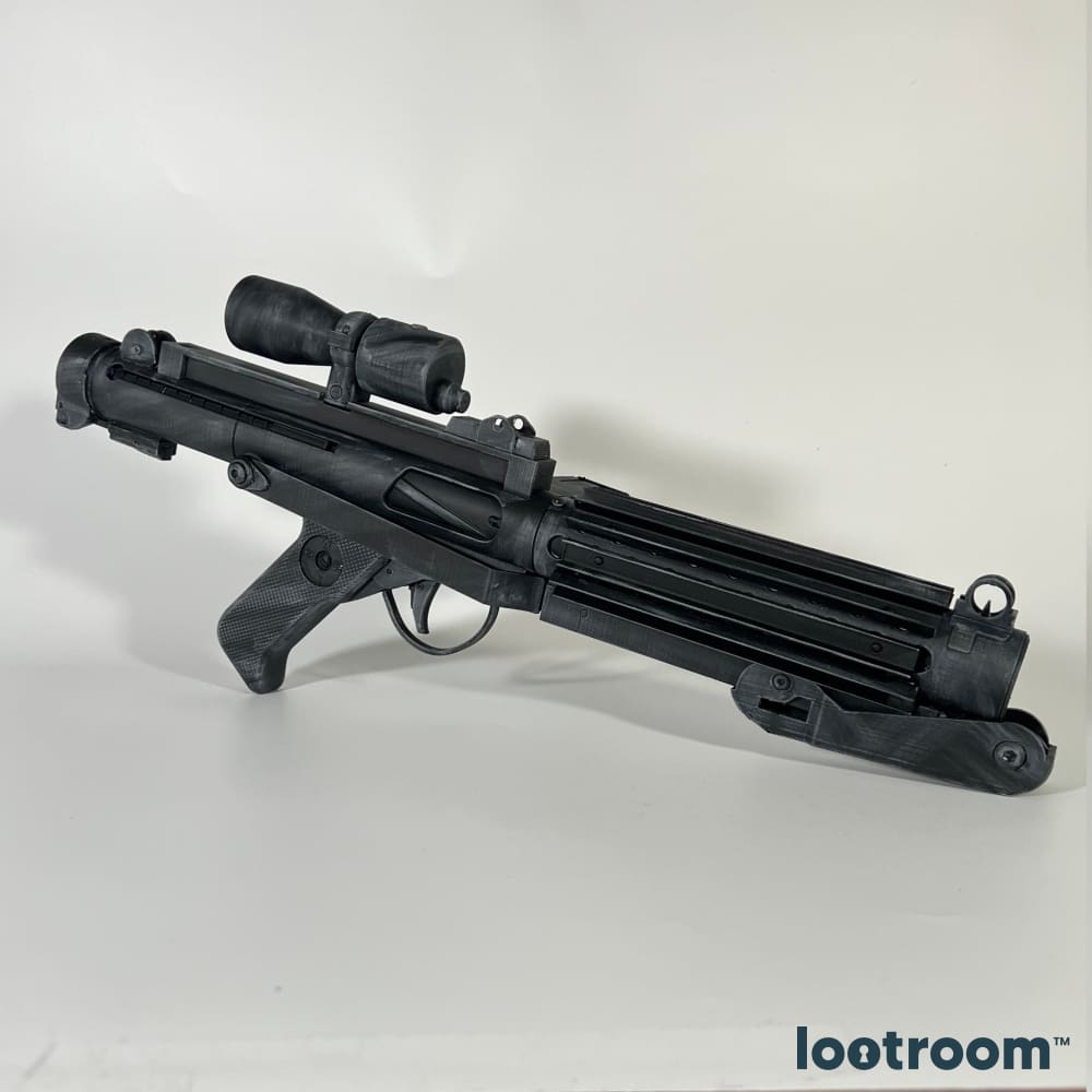 Star Wars E-11 blaster rifle prop from the reverse side, with the fixed shoulder loop underneath.