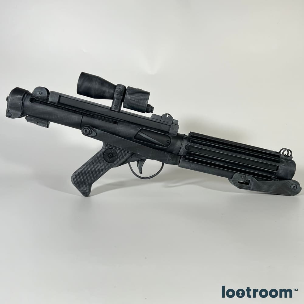 Star Wars E-11 blaster rifle prop, reverse side in profile, 52cm of matte black PLA.