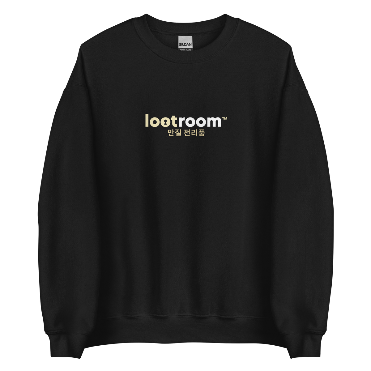 Lootroom Korean sweatshirt in black with the lootroom logo and Korean lettering on the chest